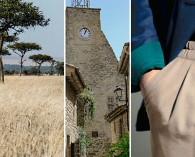 Triptych displaying images evoked by the 2026 Color of the Year: an African landscape, a rustic village street with a clock tower, and a closeup of a person’s hand in a khaki trouser pocket. 