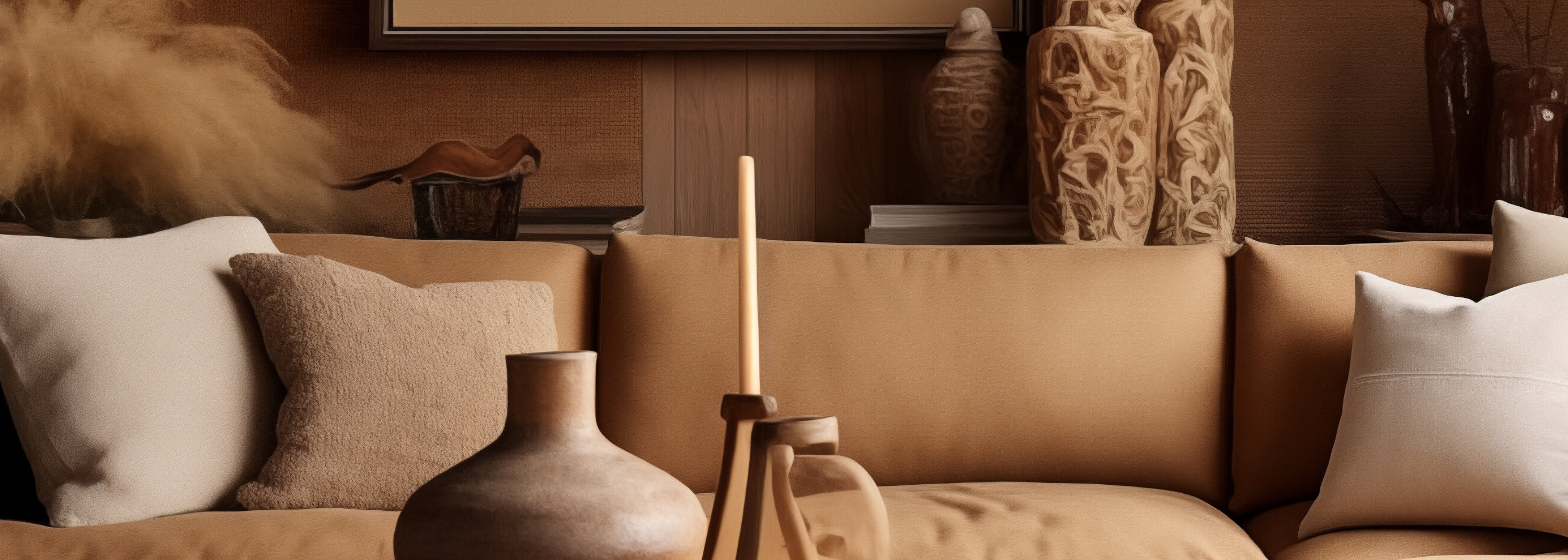 Modern nomadic style living room interior with earthy brown walls, cozy couch with pillows, coffee table and artwork on the wall. Prairie style interior. Rustic tribal style inspired interior.