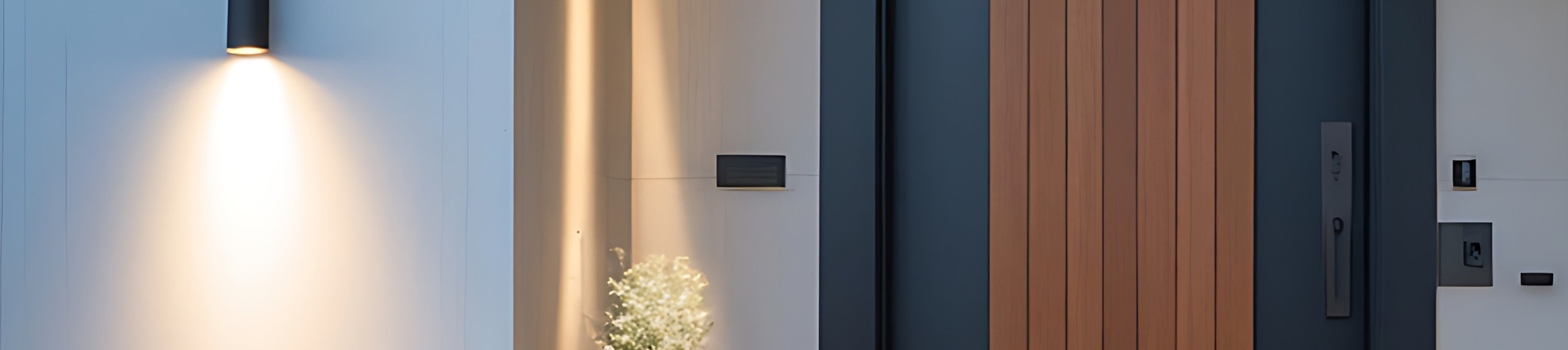 Sleek modern front door of a luxury home, matte black metal door with a vertical wooden panel, minimal handle, surrounded by white concrete walls and subtle exterior lighting.