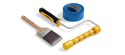 A brush, roller, and blue painter's tape.