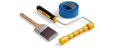 A brush, roller, and blue painter's tape.