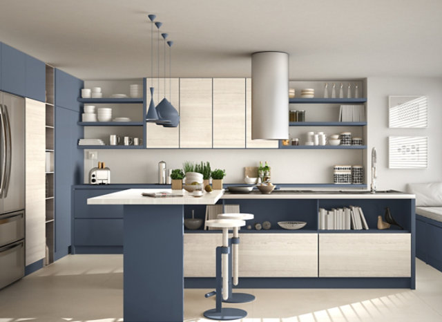 blue and gray kitchen cabinets