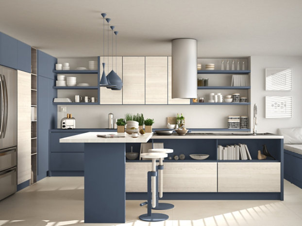 blaue und graue Küchenschränke