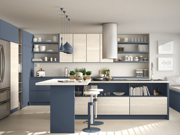 blue and gray kitchen cabinets