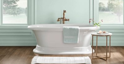 A south facing bathroom painted Rainwashed SW 6211.