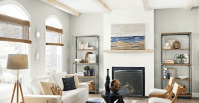 A south facing living room painted Repose Gray SW 7015.