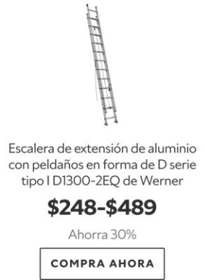 Escalera de extensión de aluminio con peldaños en forma de D serie tipo I D1300-2EQ de Werner. $248-$489. Ahorra 30%. Compra ahora.