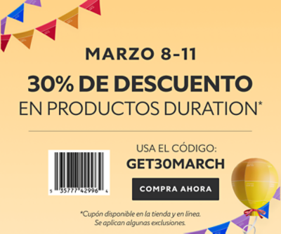 Marzo 8-11. 30% de Descuento en Productos Duration. Barcode: 535777429964. Usa el Código: GET30MARCH. Compra Ahora. *Cupón disponible en la tienda y en línea. Se aplican algunas exclusiones.