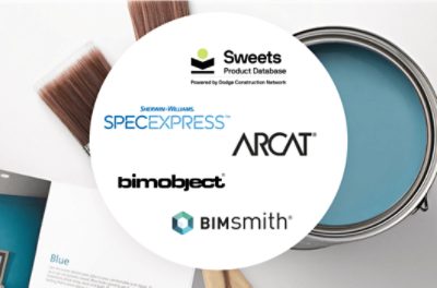 An open can of paint with two brushes behind a collection of logos.