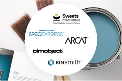 An open can of paint with two brushes behind a collection of logos.