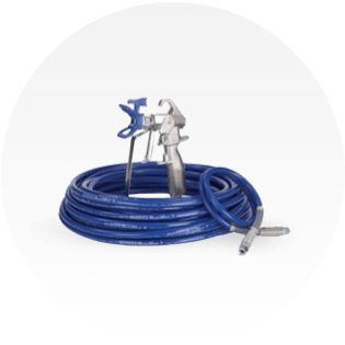 A paint sprayer with a coiled up blue hose.
