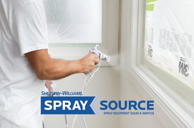 Person using a sprayer near windows with the text "Sherwin Williams Spray Source, spray equipment sales and service.