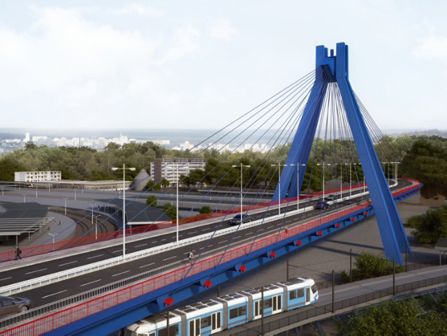 Architects render of a blue steel road bridge