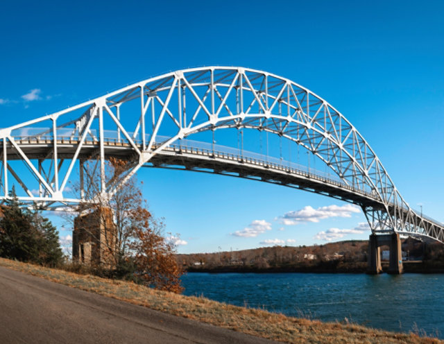 Steel bridge over water.