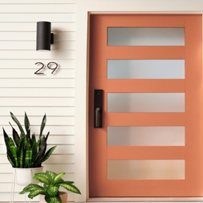 A modern orange painted front door with horizontal panes of frosted glass on a cream painted siding home with number 29 under a porch light.