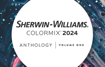 Sherwin Williams Colormix 2024 Anthology Volume one logo, large white circle with watercolor looking background.