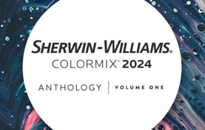 Sherwin Williams Colormix 2024 Anthology Volume one logo, large white circle with watercolor looking background.