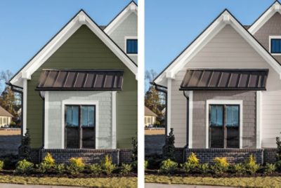 A side-by-side exterior photo of a vinyl siding house that was previously painted green but is now painted white.