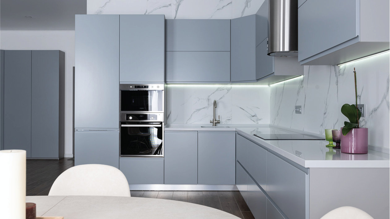 Kitchen cabinetry with a sleek, matte finish, featuring Super Matt coatings.