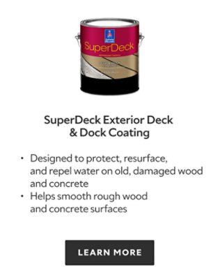 SuperDeck Exterior Deck and Dock Coating. Designed to protect, resurface, and repel water on old damaged wood and concrete, helps smooth rough wood and concrete surfaces. Learn more.