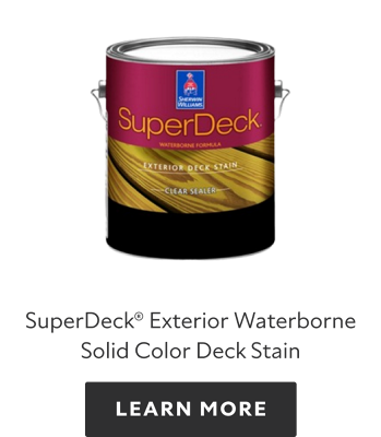 Can of Sherwin-Williams SuperDeck Exterior Waterborne Solid Color Deck Stain, learn more.