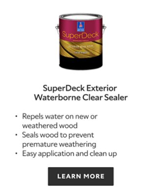 SuperDeck Exterior Waterborne Clear Sealer. Repels water on new or weathered wood, seals wood to prevent premature weathering, easy application and clean up. Learn more.