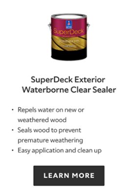 SuperDeck Exterior Waterborne Clear Sealer. Repels water on new or weathered wood, seals wood to prevent premature weathering, easy application and clean up. Learn more.