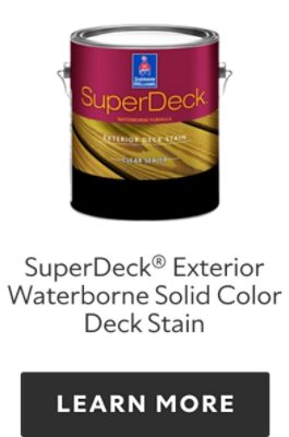 Can of Sherwin-Williams SuperDeck Exterior Waterborne Solid Color Deck Stain, learn more.