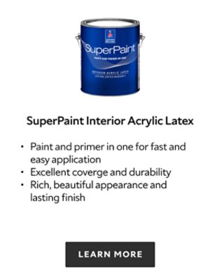 Sherwin Williams SuperPaint Interior Acrylic Latex, paint and primer in one for fast and easy application, excellent coverage and durability, rich, beautiful appearance and lasting finish, learn more.