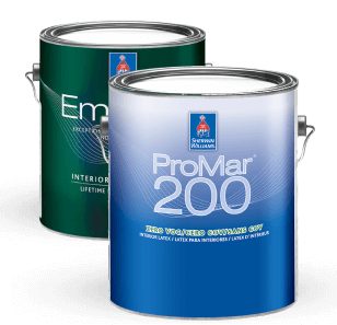 A can of ProMar 200 paint in front of a can of Emerald paint.