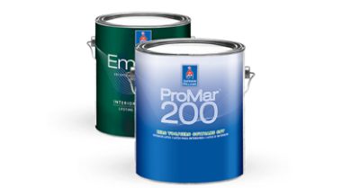 A can of ProMar 200 paint in front of a can of Emerald paint.