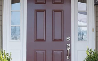 A dark red front door. SW color featured: SW 6034 Dark Auburn.