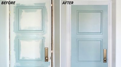 A before and after of a green door being painted. S-W color featured: SW  6213 Halycon Green.
