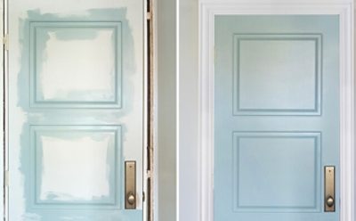 A before and after of a white door being painted.  SW color featured: SW 6213 Halcyon.
