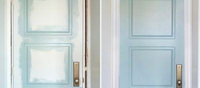 A before and after of a door being painted. SW color featured: SW 6213 Halcyon.