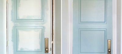 A before and after of a door being painted. SW color featured: SW 6213 Halcyon.