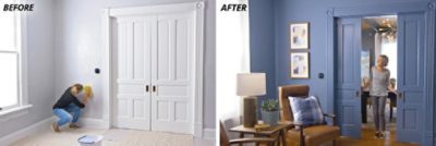 A before and after of multi sheen doors. SW color featured: SW 6243 Distance.