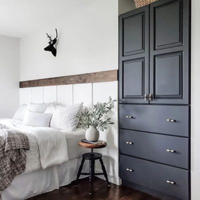 A white bedroom with a tall black dresser inserted into the wall. S-W colors featured: SW 6258 Tricorn Black.
