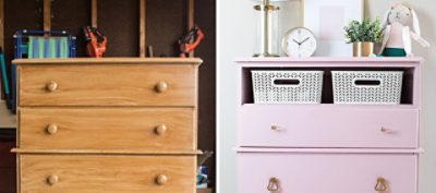 A dresser painted in pink with basket storage and decor items on top.