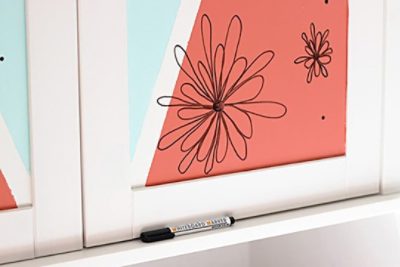 A coral and teal painted sketchpad cabinet with flower drawings. SW color featured: SW 6606 Coral Reef, SW 6757 Tame Teal.