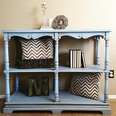 A rustic blue table with decorations. S-W 6801 Regal Blue.