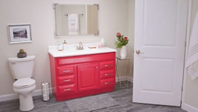 A decorated bathroom vanity. S-W featured colors: SW 6861 Radish.