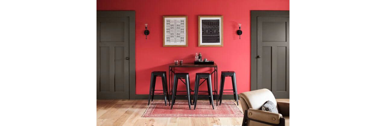 Accent wall painted Positive Red. 