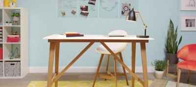 A light blue painted wall in a home office. SW colors featured: SW 6764.