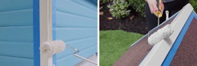 A woman painting the trim of a dog house with white paint. SW color featured: SW 6794 Flyaway.