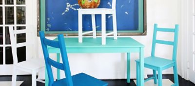A set of bright painted chairs and table. SW colors featured: SW 7651.