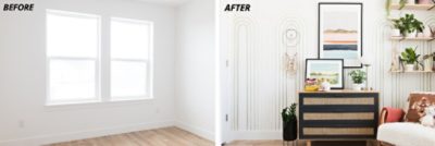A before and after of an arch mural wall. 
