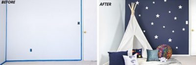 A before and after of a star stencil on a navy painted wall.