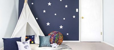 A navy and white wall with star decals. SW colors featured: SW 9640 Sea Mariner, SW 9622 White Sail.