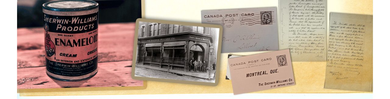 A collage of antique letters and photos next to an old paint can.